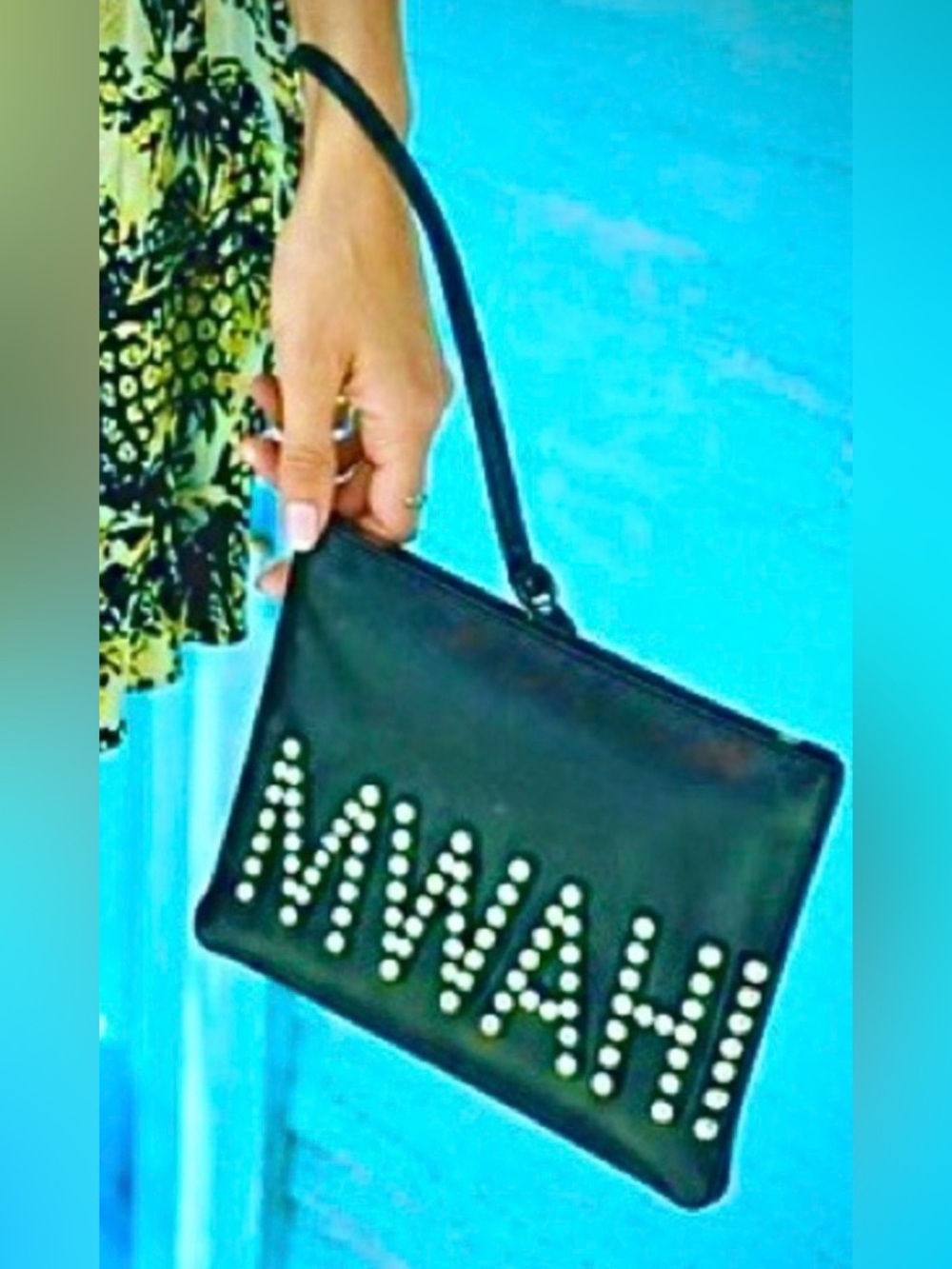 New REBECCA MINKOFF Pearl 'MWAH!' Teal Blue Leather Wristlet Clutch Bag
